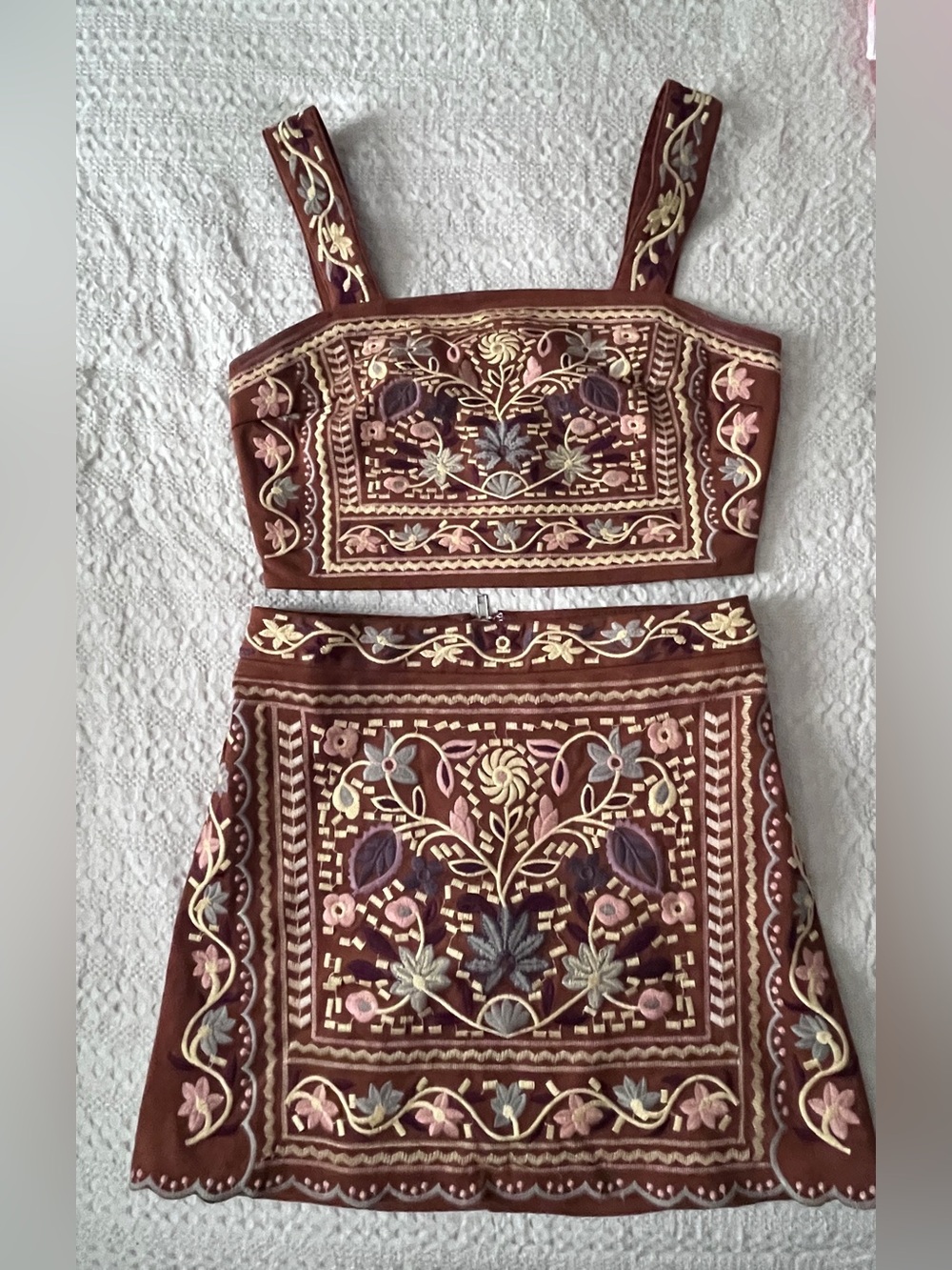 Jacqui E Brown Embroidered Floral Crop Top & Matching Mini Skirt Set